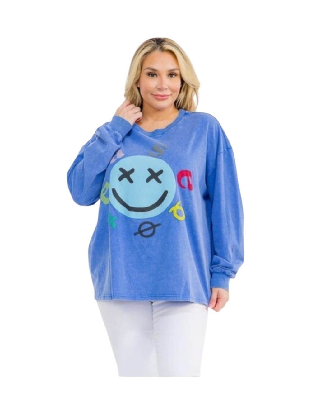 easel Blue Plus Size Long Sleeve Graphic Smiley Tee